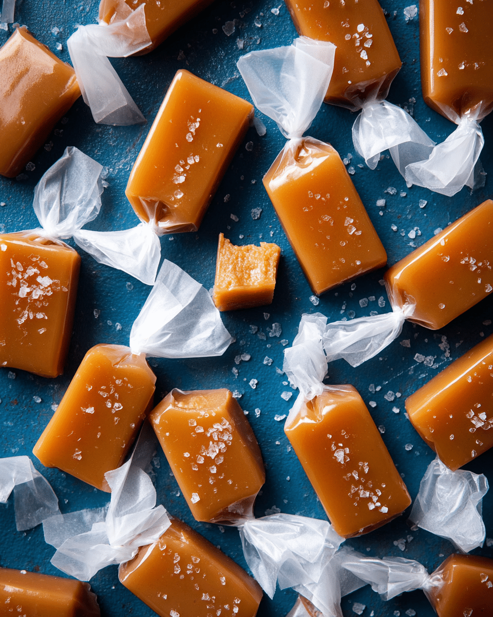The image shows many rectangular caramel candies scattered on a blue textured surface, some are unwrapped and some wrapped with white translucent paper twisted at the ends. The caramel pieces are a rich golden brown color with a smooth and shiny texture, and some have small grains of salt sprinkled on top that sparkle in the light. One piece is bitten, revealing a gooey inside. The wrapped candies add a touch of soft white contrast among the warm caramel tones. photo taken with an iphone --ar 4:5 --v 7