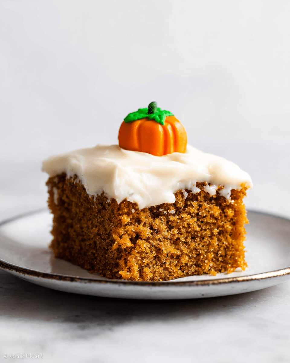 A single square slice of moist, orange-brown cake sits on a white plate with a silver rim. The cake has a slightly crumbly texture and is topped with a thick layer of white creamy frosting that spreads over the edges unevenly. On top of the frosting is a small, detailed decoration shaped like a bright orange pumpkin with a green leaf, adding a pop of color. The background is a clean white marbled texture, making the cake slice the clear focus of the image. photo taken with an iphone --ar 4:5 --v 7