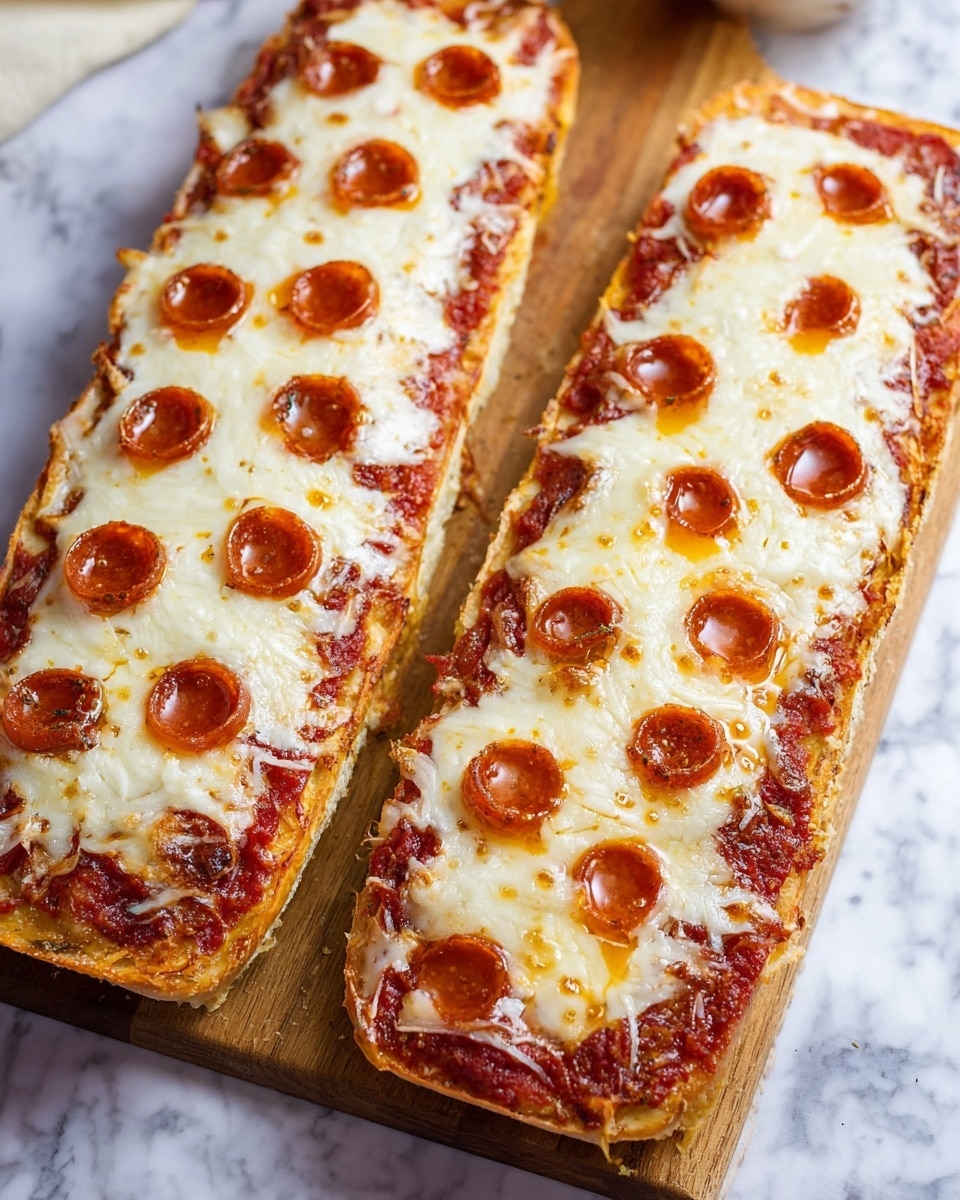 Two long pieces of pepperoni pizza sit side by side on a wooden board over a white marbled surface. Each piece has a thick golden-brown crust at the bottom, followed by a red tomato sauce layer. On top, there is a thick layer of melted white cheese covering the sauce, with small round pepperoni slices spread evenly over the cheese. The pepperoni is a deep reddish-brown with a slightly oily shine, creating small pools of orange oil on the cheese. The edges of the crust show a slight crispiness. Photo taken with an iphone --ar 4:5 --v 7
