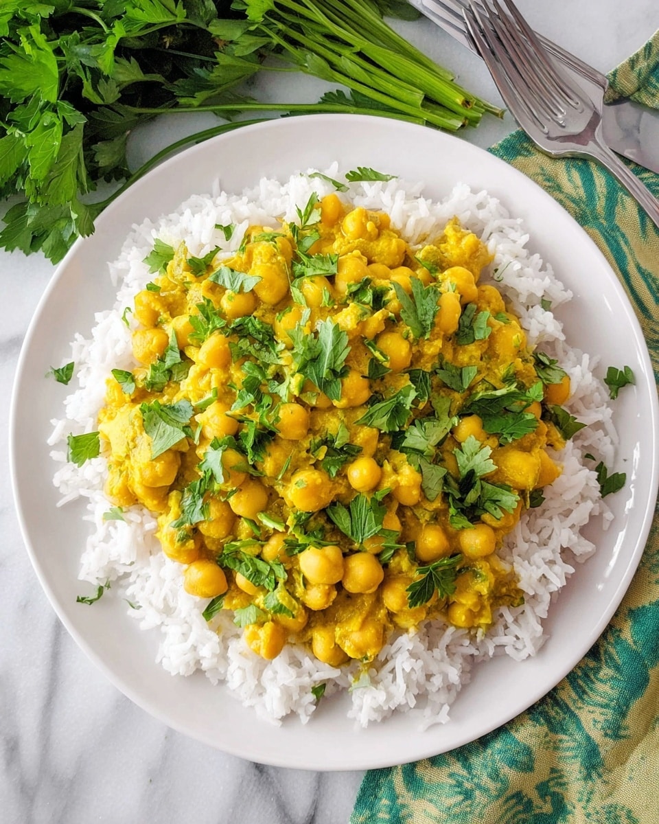 A white plate with a base layer of fluffy white rice spread evenly around the edges, topped with a thick layer of yellow chickpea curry in the center, which has a slightly creamy texture and is studded with whole chickpeas. Fresh green parsley leaves are scattered generously on top of the curry, adding a bright contrast in color. The plate sits on a white marbled surface with a bunch of green parsley visible in the background and a metal fork to the side resting on a green patterned cloth. photo taken with an iphone --ar 4:5 --v 7