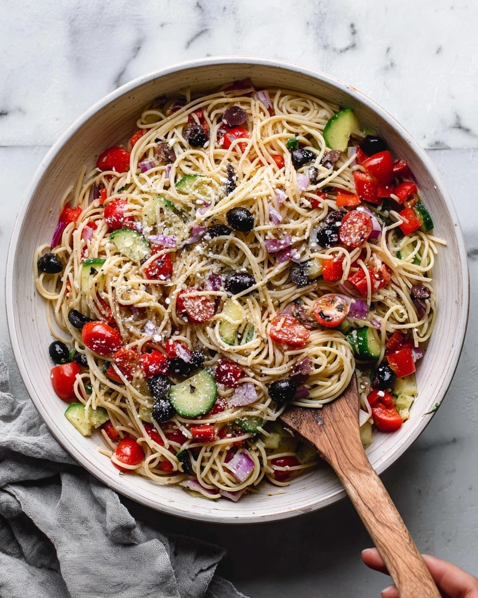 A large white bowl filled with a colorful pasta salad featuring a base layer of twisted, thin spaghetti noodles in a light beige color. Mixed throughout are bright red chopped bell peppers and tomatoes, dark black and sliced black olives, and uneven chunks of green cucumber. Small pieces of red onion add a purple touch. The salad is sprinkled with grated white cheese and black pepper. A woman's hand grips a wooden spoon stirring the salad on the right side of the image. The bowl sits on a white marbled surface with a soft gray cloth nearby. Photo taken with an iphone --ar 4:5 --v 7