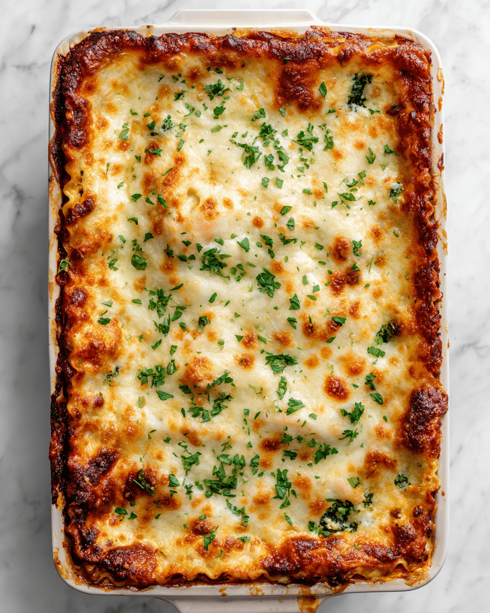 A rectangular white baking dish filled with a baked lasagna showing a golden brown melted cheese layer on top, sprinkled with small green parsley leaves. Beneath the cheese, uneven patches of dark green spinach or herbs peek through. The edges of the dish show a slightly browned color where the lasagna has baked against the white dish. The surface underneath is a white marbled texture. photo taken with an iphone --ar 4:5 --v 7