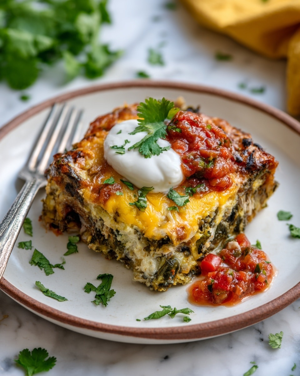 A white plate with a thin brown rim holds a square piece of baked casserole that shows three main layers: the top is golden and crispy melted cheese, the middle layer is a dark green leafy vegetable mix, and the bottom looks soft and moist with a creamy texture. On top of the casserole sits a dollop of white sour cream and a small spoonful of chunky red salsa, garnished with chopped green cilantro leaves scattered on and around the dish. A silver fork rests on the left side of the plate, and the background is a white marbled texture with small green cilantro sprigs and a yellow cloth partially visible at the edges. photo taken with an iphone --ar 4:5 --v 7