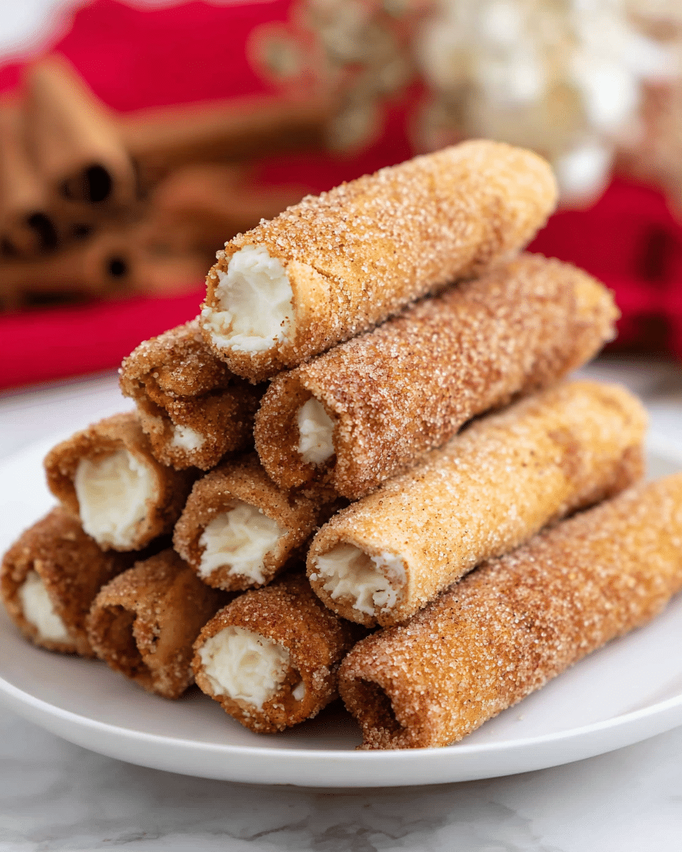 A close-up image of a stack of nine rolled cinnamon sugar sticks on a white plate, each stick showing a golden brown outer layer coated in coarse cinnamon sugar with a slightly rough texture. Four sticks in the bottom layer are tightly rolled with visible white cream filling peeking out from their open ends, while the five sticks on top vary between plain golden brown roll texture and visible cream inside one of them. The background is softly blurred with cinnamon sticks and a red cloth, all set on a white marbled surface. Photo taken with an iphone --ar 4:5 --v 7