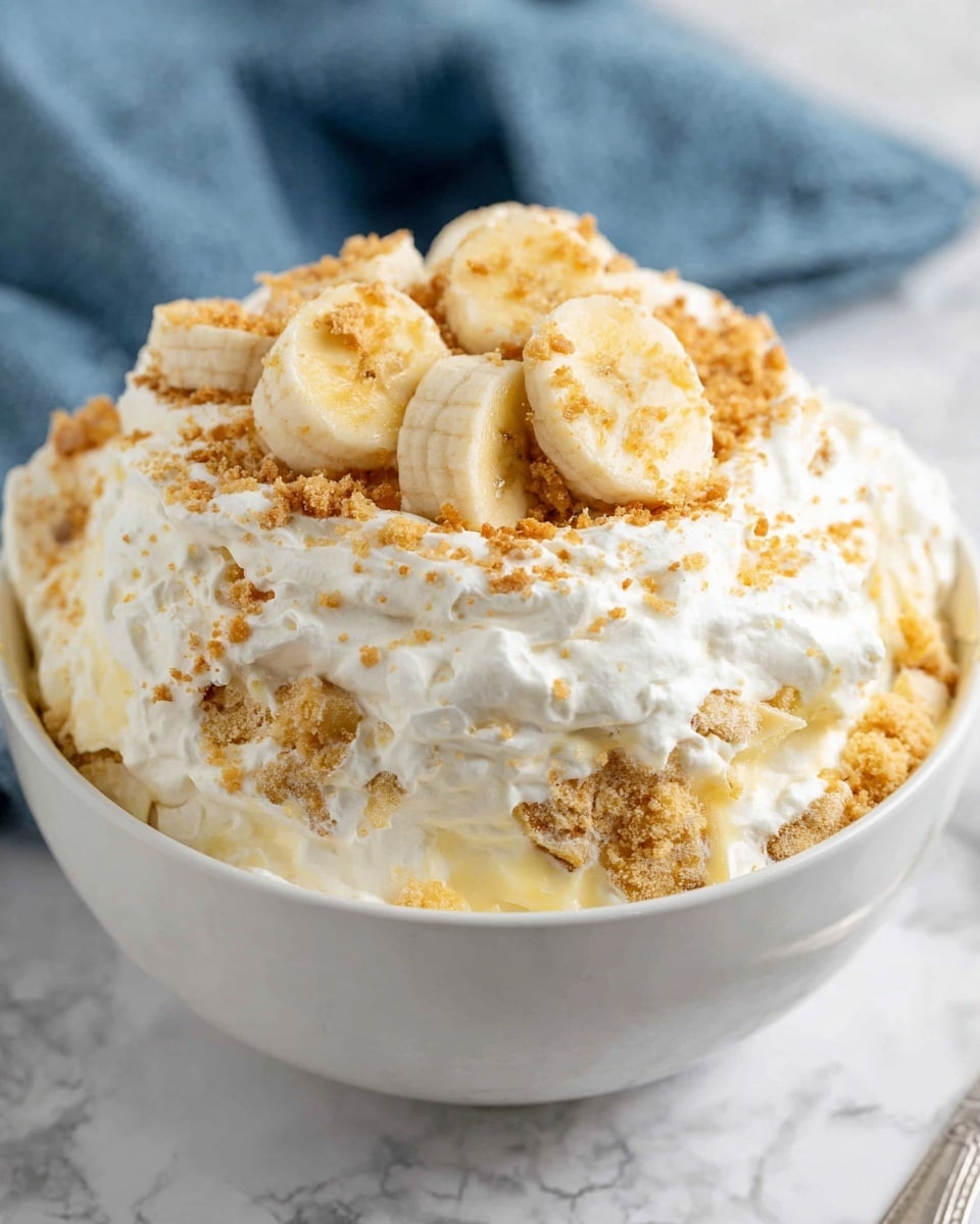 A white bowl filled with a creamy mixture showing three main layers: the bottom layer has crumbled pale yellow cake pieces, the middle layer is a thick, whipped cream that is white and smooth, and the top layer is a blend of more crumbled cake and banana slices that are light yellow with brown spots, all mixed softly to show texture. The creamy mixture has rough, fluffy edges with visible crumbs throughout, and the bowl is set against a white marbled surface with a blurred blue cloth in the background. Photo taken with an iphone --ar 4:5 --v 7
