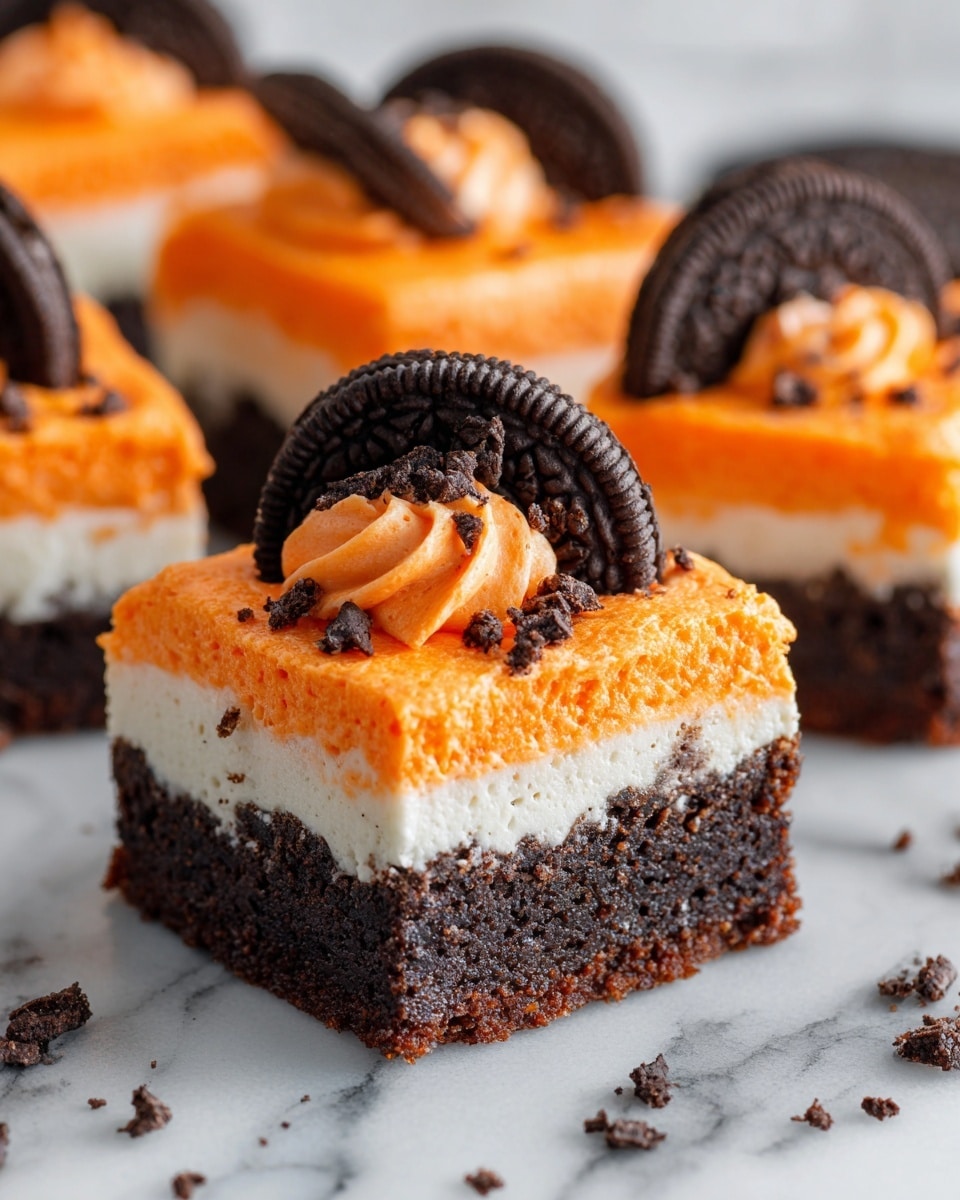 The dessert is a three-layer square bar with a dense, dark brown bottom layer that looks like chocolate brownie. On top of that is a creamy off-white middle layer, smooth and thick. The top layer is a bright orange frosting, whipped with soft, fluffy texture and piled unevenly. Whole chocolate sandwich cookies are placed on top, some whole and some broken, contrasting with the bright frosting. The bars are cut into squares, highlighting the clear layers. The background is a white marbled surface. photo taken with an iphone --ar 4:5 --v 7