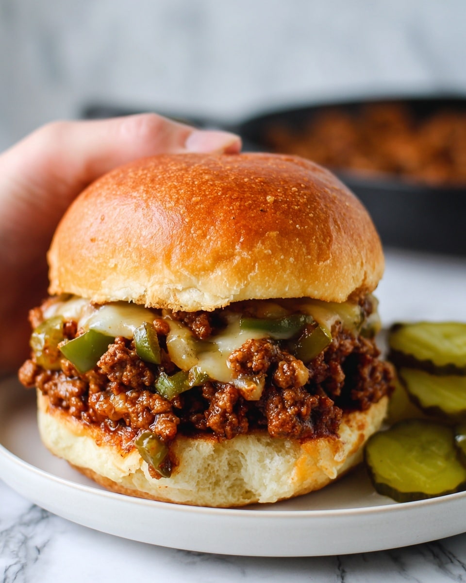 A close-up of a sandwich held by a man's hand, featuring a golden brown toasted bun on top and bottom. Inside the sandwich, there is a layer of melted cheese directly on the bottom bun, topped with a generous serving of seasoned ground beef mixed with cooked green bell peppers and onions, showing a juicy and slightly saucy texture. The sandwich rests on a white plate, which also holds several sliced pickles beside it. The background has a white marbled texture, and part of a black pan filled with more cooked ground beef is visible in the top right corner. Photo taken with an iphone --ar 4:5 --v 7