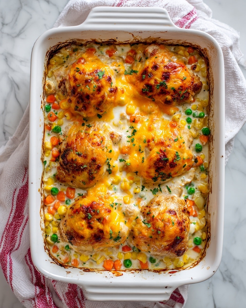 A white rectangular baking dish filled with a baked casserole, showing five chicken pieces on top, each covered in melted orange cheese with a slightly browned and bubbly texture. The chicken pieces sit on a creamy white base mixed with a layer of colorful vegetables such as green peas, yellow corn, orange carrots, and green beans spread evenly throughout. The mixture underneath looks soft and slightly creamy, with some pieces of onion visible. The edges of the dish show some baked-on food marks, and a red and white striped towel is partly visible beneath the dish, on a white marbled surface. Photo taken with an iphone --ar 4:5 --v 7