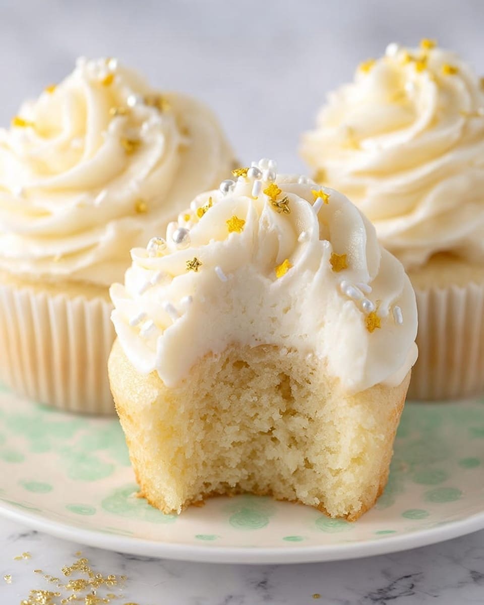 A close-up view of three vanilla cupcakes on a white plate with light green polka dots, placed on a white marbled surface. The focus is on the front cupcake which has a bite taken out, showing a soft, light golden crumb inside. Each cupcake has one thick swirl of white creamy frosting decorated with small yellow star sprinkles, white stick sprinkles, and tiny silver ball sprinkles. The frosting looks smooth and fluffy with a slightly ruffled texture on the top layer. The two cupcakes in the background are fully visible but blurred softly. Photo taken with an iphone --ar 4:5 --v 7