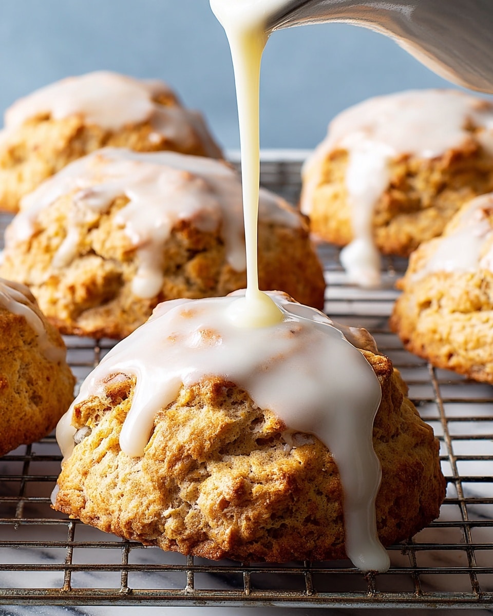 A close-up view of five golden-brown scones on a metal cooling rack with a white marbled texture underneath, one scone in the front center is being covered with smooth, white icing that is dripping down its chunky, textured surface. The icing flows thickly from a white spoon held above, creating shiny highlights and a wet look on the scone’s cracked, rough top. The scones have irregular shapes with a baked, slightly crispy outer layer and soft crumb visible in the texture. The background is a soft, blurred blue tone. photo taken with an iphone --ar 4:5 --v 7