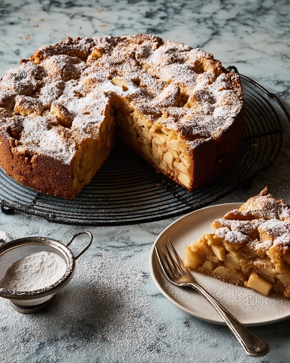 A round apple cake with a thick, golden-brown crust sits on a black cooling rack, dusted with a light layer of white powdered sugar. A large slice is cut out, showing the soft, dense inside filled with chunky apple pieces in light beige and tan colors. The top layer has a textured, slightly bumpy surface with powdered sugar settled in the crevices. Next to the cake, a single slice rests on a white plate, matching the cake’s texture and color. A small metal sieve containing powdered sugar is placed near the plate, and a silver fork lies nearby on a white marbled surface. The overall scene has a cozy, rustic feel. photo taken with an iphone --ar 4:5 --v 7