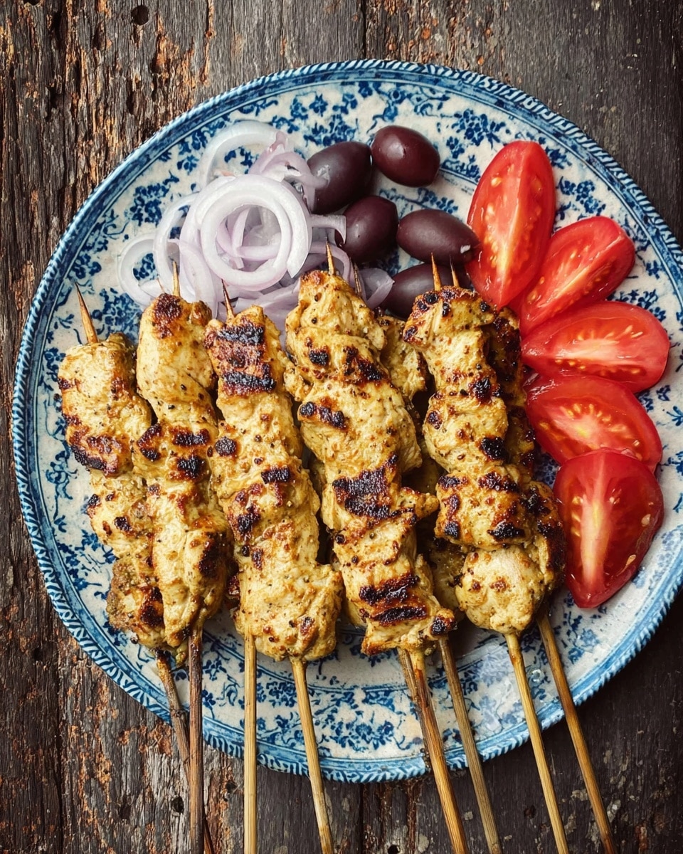 A plate with a blue and white floral pattern holds six wooden skewers of grilled chicken, arranged in the center with golden-brown char marks on the grilled meat. On the top left side of the plate, there is a small pile of thin white onion slices, next to a cluster of dark purple olives. On the right side, there are several slices of bright red tomatoes, fanned out neatly. The plate rests on a rustic wood surface. photo taken with an iphone --ar 4:5 --v 7
