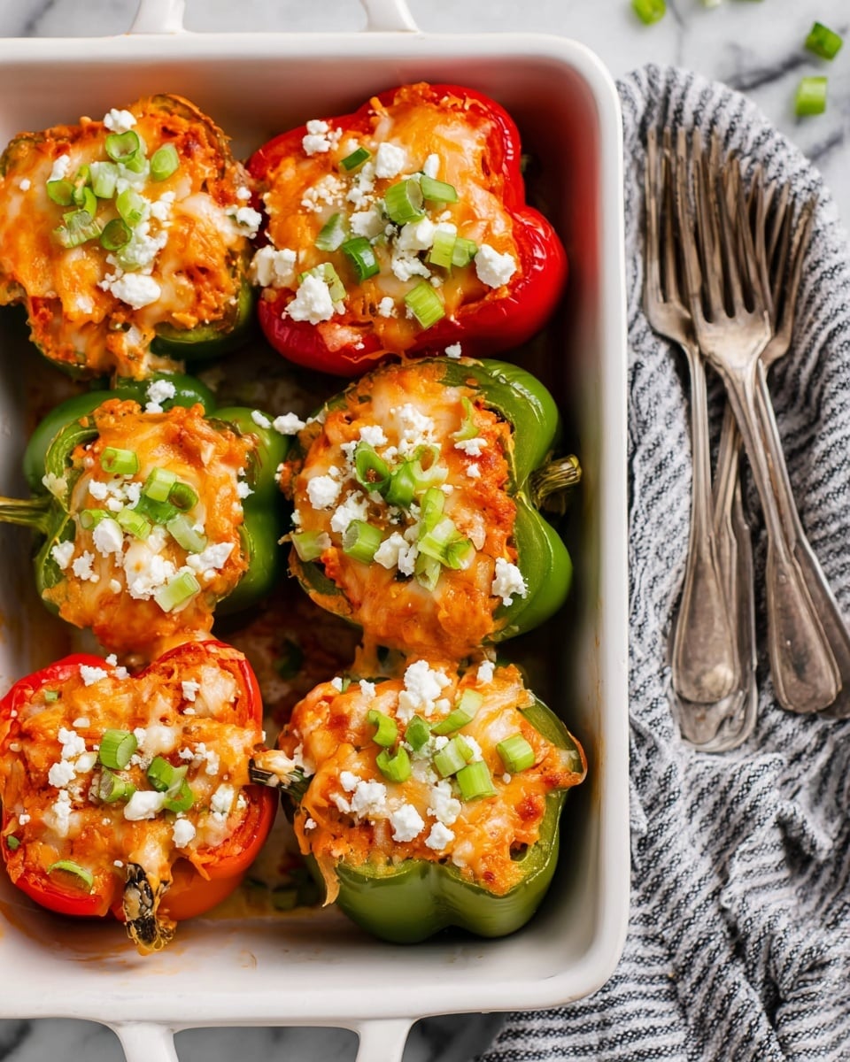 The image shows a white baking dish filled with six stuffed bell peppers, three red and three green, arranged in two rows. Each bell pepper is halved and filled with an orange mixture, topped with melted white cheese that has a gooey texture. Crumbled white cheese is sprinkled on top, along with chopped green onions adding a fresh green color contrast. The peppers look roasted with slight softness visible on edges. The dish is placed on a white marbled surface, with a striped cloth and two vintage silver forks beside it. photo taken with an iphone --ar 4:5 --v 7