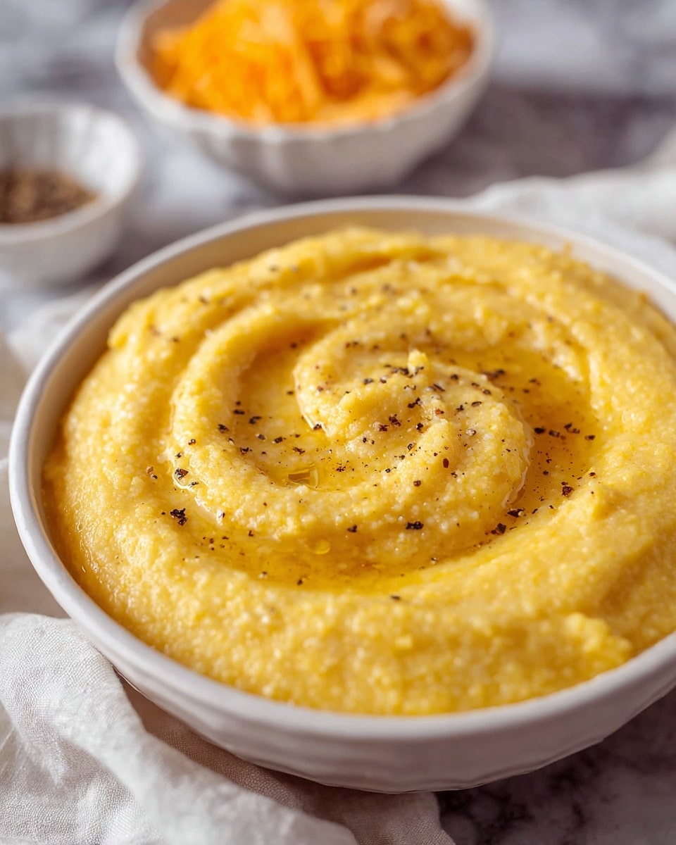 A close-up of a white bowl filled with smooth, thick yellow polenta, swirled on the surface to show its creamy texture. The top is sprinkled with coarse black pepper and a glossy layer of melted butter pooled in the middle, adding a shiny, rich look. In the background, there is a slightly blurred white bowl filled with shredded orange cheese. The bowl sits on a soft, loosely spread white cloth over a white marbled surface. photo taken with an iphone --ar 4:5 --v 7