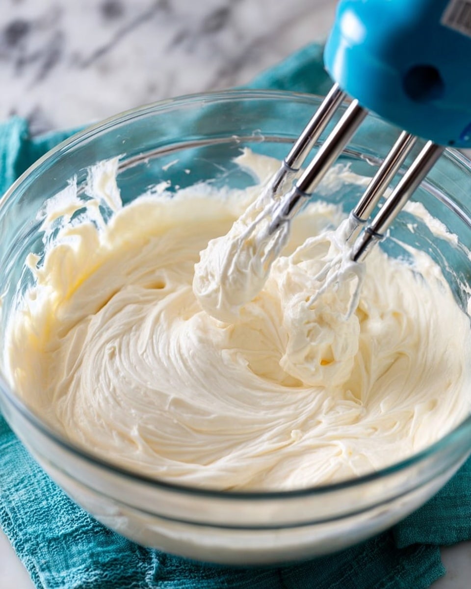 A clear glass bowl filled with smooth, creamy white batter being mixed by a blue electric hand mixer with silver beaters. The batter has a thick, fluffy texture with soft swirls all around the bowl's interior. The bowl sits on a white marbled surface with a teal cloth partly visible beneath it. photo taken with an iphone --ar 4:5 --v 7