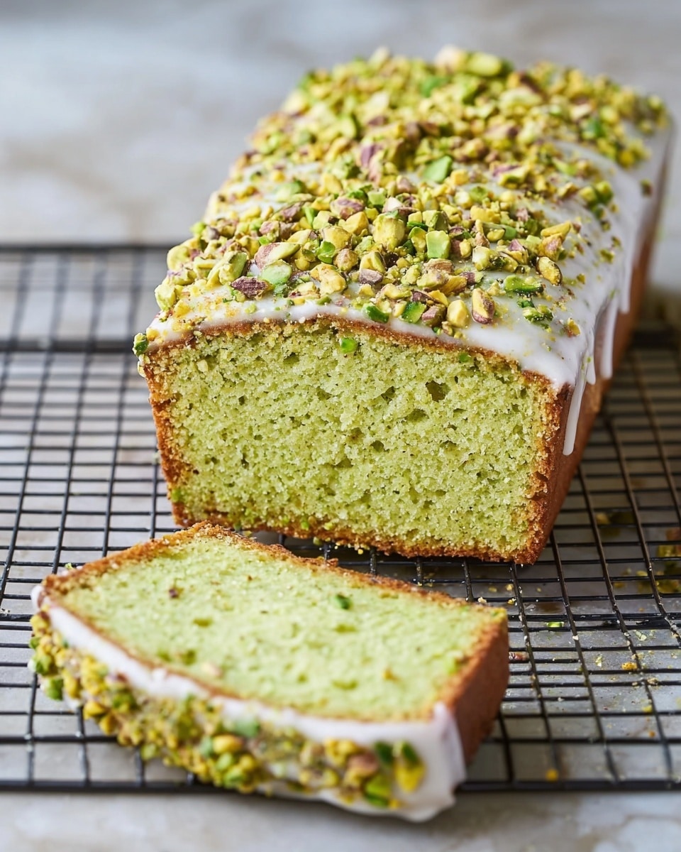 A rectangular green pistachio cake is shown on a white marbled surface, sliced to reveal its soft, moist texture inside. The cake has two visible layers: the inner layer of light green cake and an outer layer of white icing that covers the sides and top. The icing is thick and slightly glossy, topped generously with crushed pistachio nuts that add a rough, crunchy texture and specks of green, yellow, and brown from the nuts. The cake rests on a thin black cooling rack with a small portion sliced in front, showing the vivid green color inside and the layered nut topping on the edges. Photo taken with an iphone --ar 4:5 --v 7