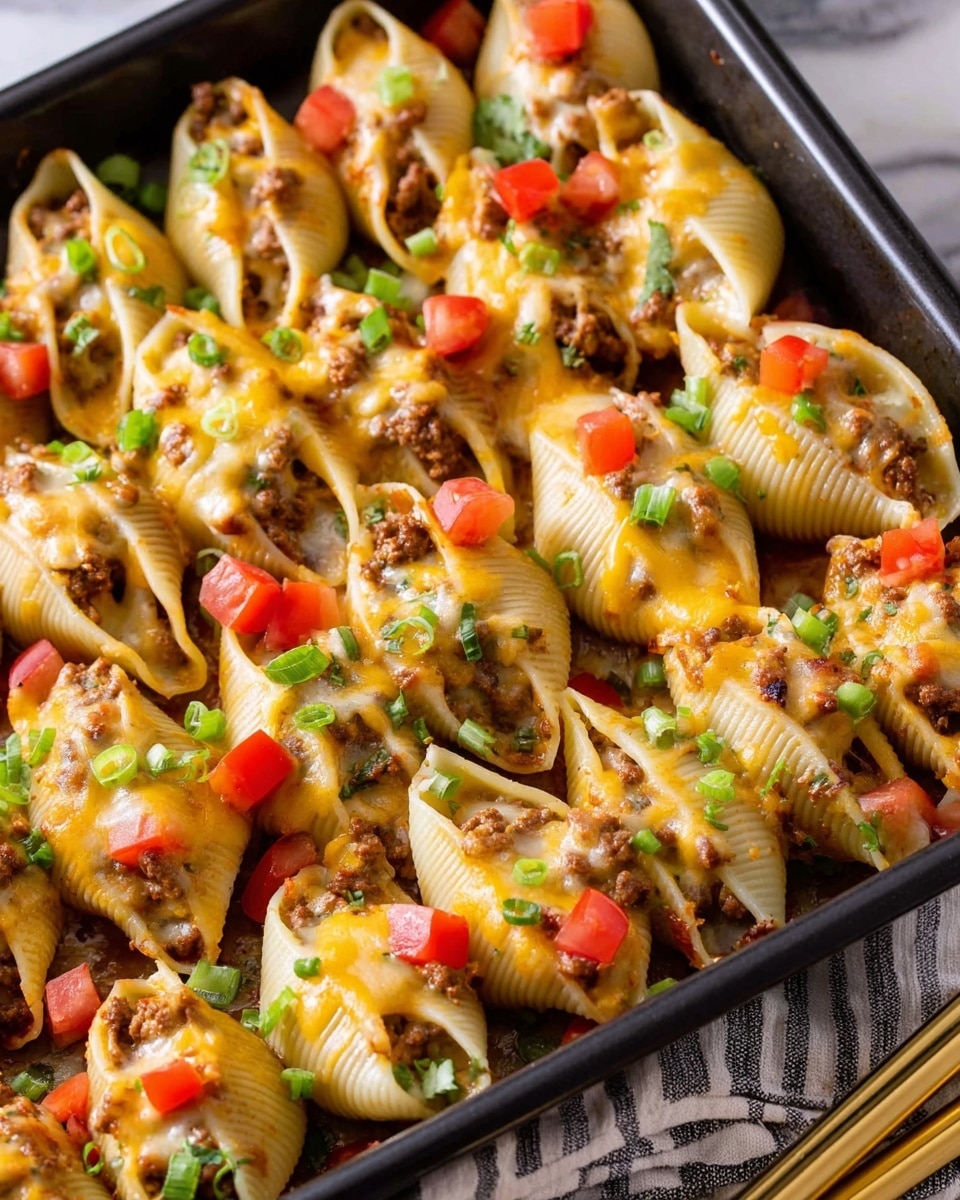 This image shows a black baking tray filled with cooked pasta shells. The shells have two visible layers: the pale cream outer pasta and the brownish meat filling inside. Each shell is topped with melted yellow cheese and small cubes of bright red tomato. They are garnished with chopped green onions scattered on top. The tray is placed on a white marbled surface with a striped cloth underneath and a golden-handled utensil at the bottom edge. Photo taken with an iphone --ar 4:5 --v 7