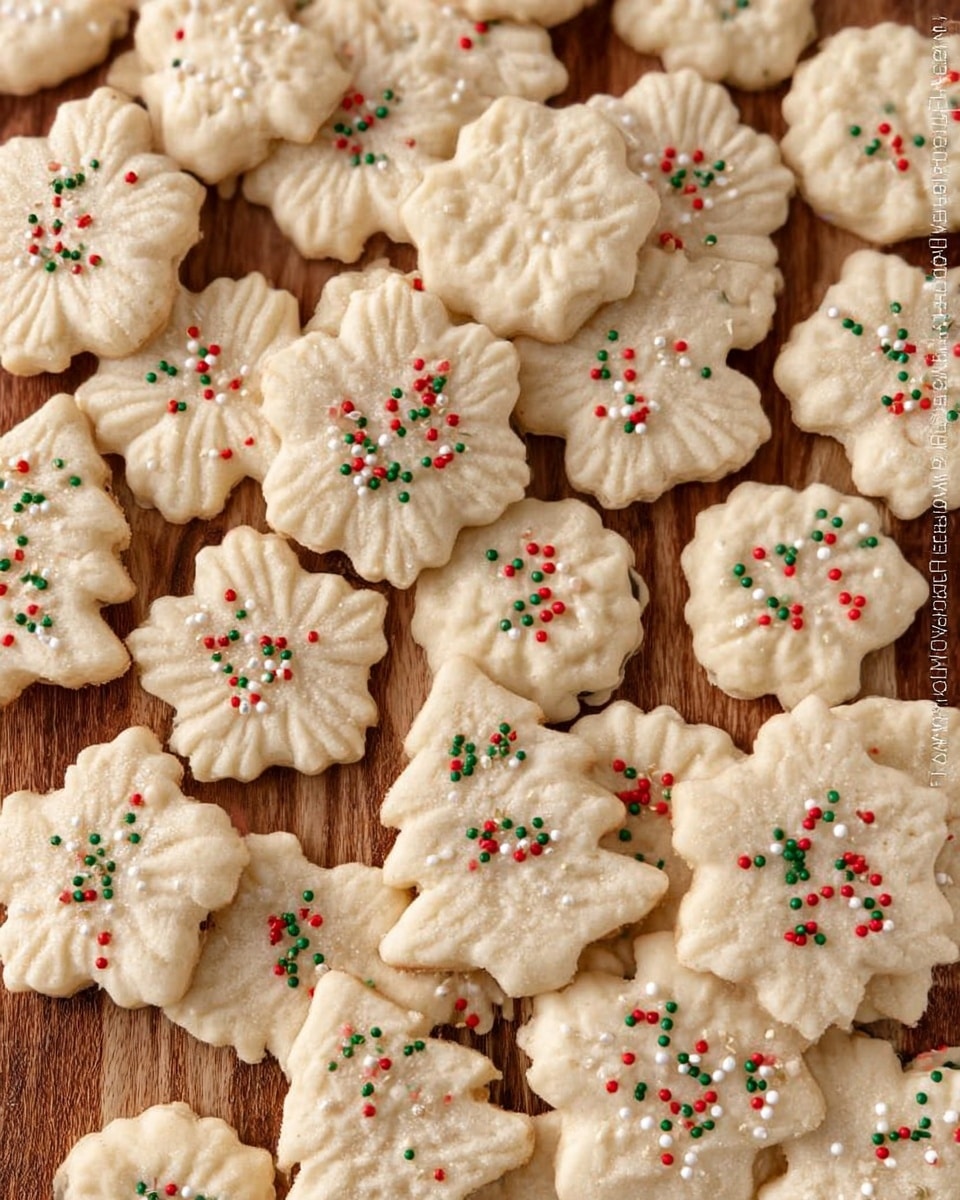 The image shows many light cream-colored cookies arranged closely on a wooden surface, each cookie having a unique shape like stars, Christmas trees, and flowers. Most cookies are decorated with small red, green, and white round sprinkles that add little dots of color, while some have white sugar crystals giving a slightly shiny look. The texture of the cookies is smooth with raised ridges, and the edges have patterns like ridges, points, and scallops. The cookies appear soft and slightly thick, with clear details on each layer of shape and decoration. Photo taken with an iphone --ar 4:5 --v 7