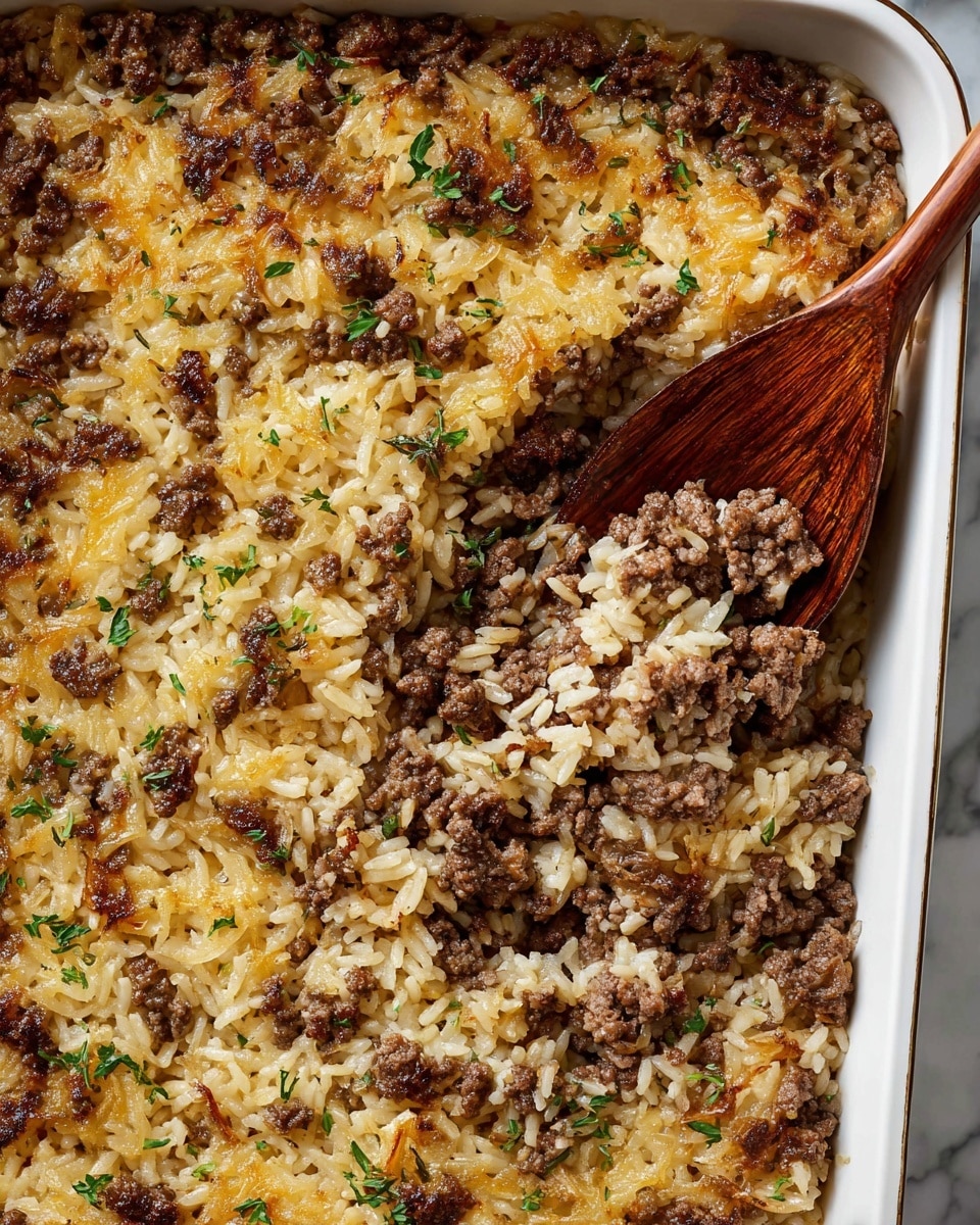 The image shows a close-up of cooked rice mixed with ground beef in a large white tray. The rice grains are long and slightly browned, blending well with the small dark brown crumbles of beef spread throughout. Some tiny green herb pieces are scattered lightly on top, adding a touch of color. A wooden spoon is lifting a scoop of the rice and beef mix from the tray, showing the texture clearly. The tray sits on a white marbled surface, creating a bright and clean background. Photo taken with an iphone --ar 4:5 --v 7