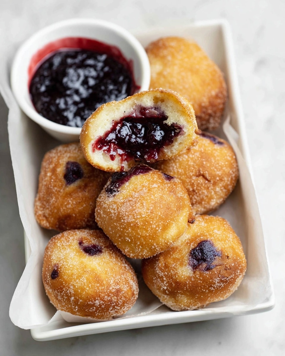 The image shows two small round pastries stacked, the top one broken open to reveal a thick, dark purple blueberry filling that is glossy and dripping down the side of the golden brown, crispy outer crust. The crust has a slightly rough texture with small sugar granules visible on the surface. The inside of the pastry is softer and lighter in color, almost flaky. The bottom pastry is whole and rests on a white marbled surface with a bit of the purple filling spilled around it. Photo taken with an iphone --ar 4:5 --v 7