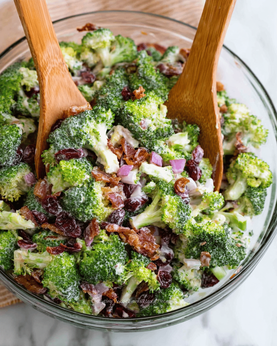 A clear glass bowl holds a fresh broccoli salad with multiple layers. The bottom and main layer consists of bright green broccoli florets with a rough texture. Scattered on top are small pieces of red dried cranberries, deep red in color, and tiny chopped purple onions adding light purple tones. Mixed throughout are bits of light brown nuts or seeds, all coated with a creamy, white dressing that drapes unevenly over the ingredients. The bowl sits on a wooden surface with a yellow and white checkered cloth underneath, all against a white marbled texture background. photo taken with an iphone --ar 4:5 --v 7