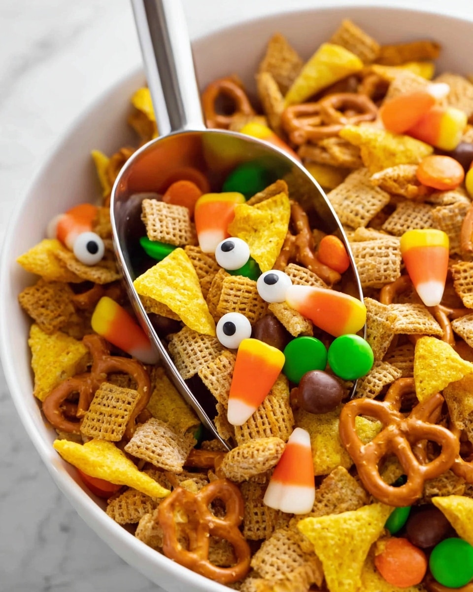 A close-up view of a white bowl filled with a mix of yellow, triangular corn chips with a ridged texture, small square cereal pieces with a light brown, woven appearance, and thin pretzel sticks with a glossy finish. Scattered among the mix are bright candy pieces: smooth round ones in green, yellow, and brown, orange pumpkin-shaped candies, and small white candy eyes with black pupils that add a playful touch. A shiny metal scoop lifts part of the mixture, showing a dense cluster of these colorful and textured snacks. The background is a clean white marbled surface. photo taken with an iphone --ar 4:5 --v 7