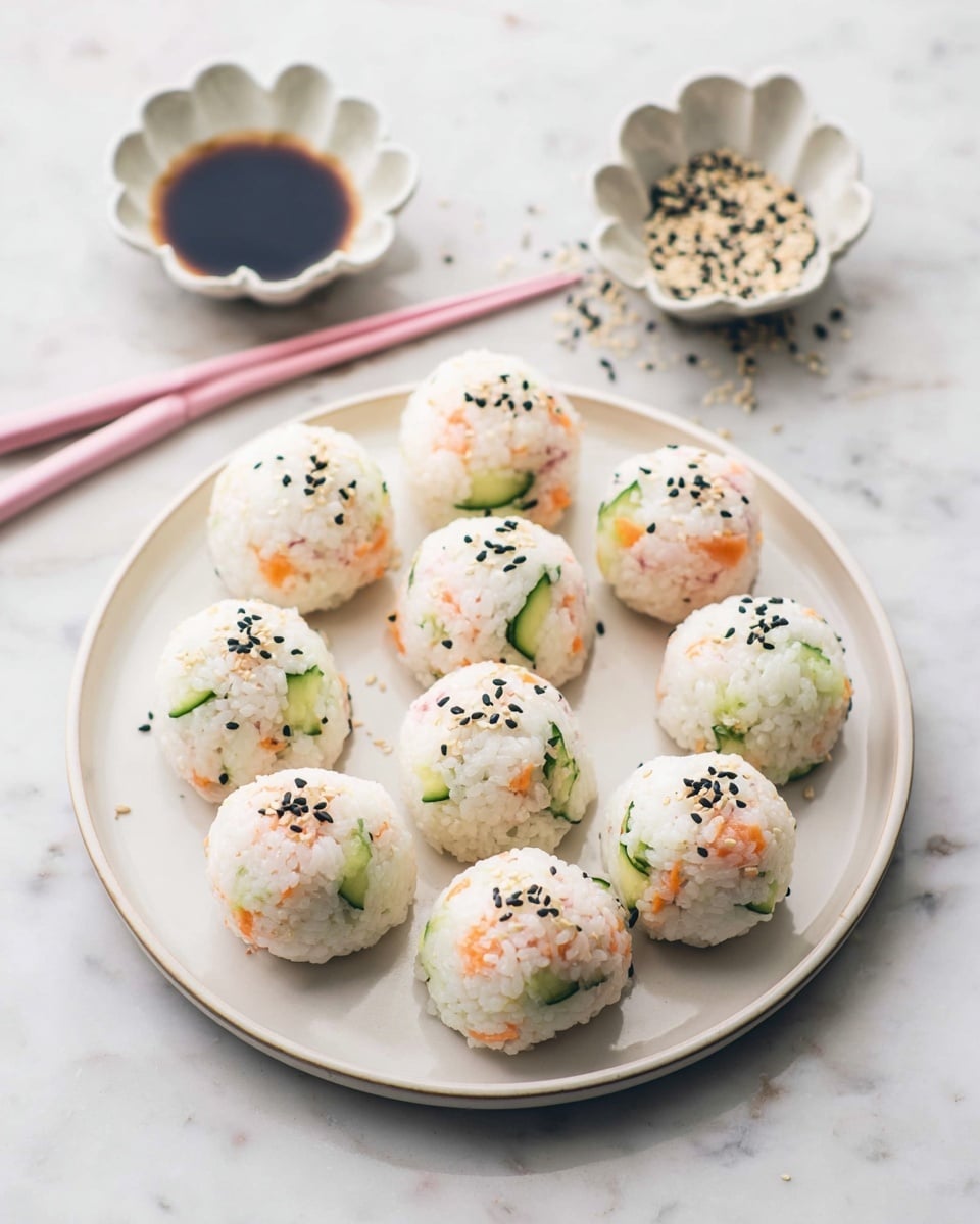 A round white plate holds eleven sushi rice balls, each speckled with small pieces of pink salmon and green cucumber inside the white rice, topped with black and white sesame seeds. The rice balls are arranged in a loose circle with some close together and some spaced apart. Behind the plate, there are two small flower-shaped dishes, one white filled with dark soy sauce and one light grey filled with sesame seeds. A pair of pink chopsticks rests between the two dishes. The whole setup sits on a white marbled surface. photo taken with an iphone --ar 4:5 --v 7