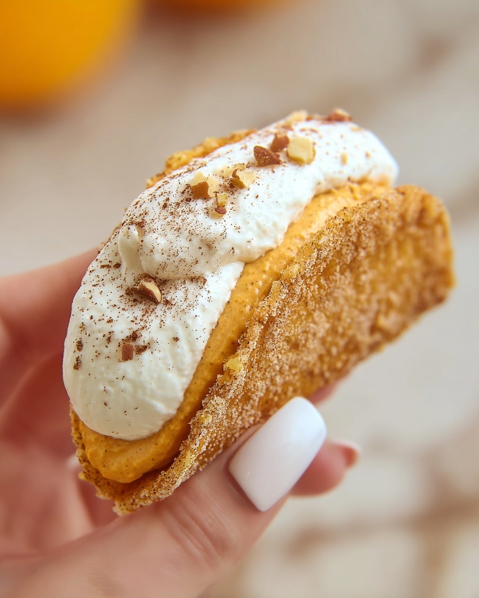A close-up image of a small taco-shaped dessert with two distinct layers inside a golden brown, sugar-coated crispy shell. The bottom layer is a smooth, creamy orange filling, likely pumpkin-flavored, with a slightly speckled texture. On top of this is a thick, fluffy white whipped cream layer sprinkled with small pieces of nuts and a dusting of fine brown spice, possibly cinnamon or nutmeg. The dessert is held delicately between the thumb and index finger of a woman's hand with long, almond-shaped white nails. The background features a white marbled texture with soft, warm blurred colors. Photo taken with an iphone --ar 4:5 --v 7