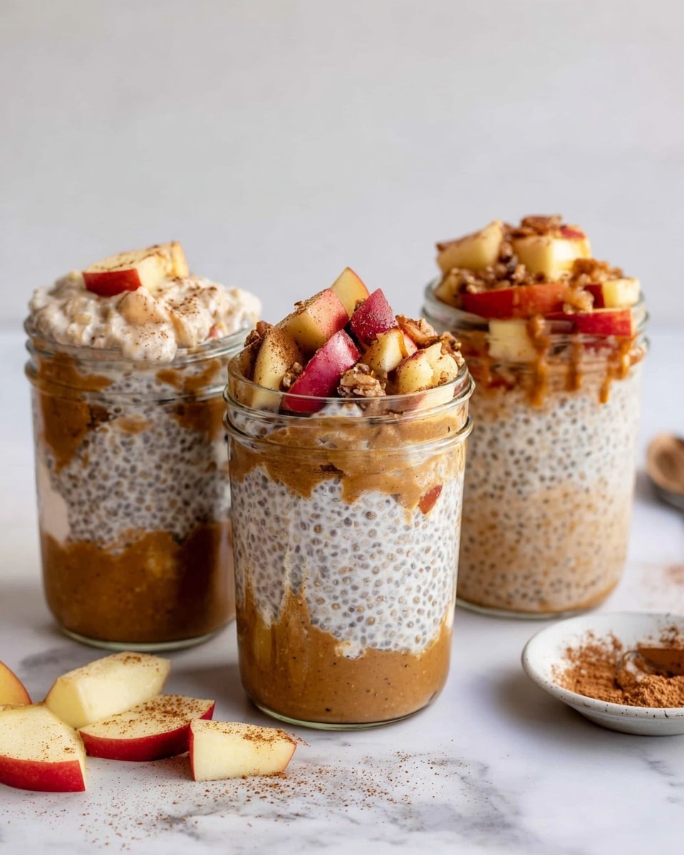 Three glass jars sit side by side on a white marbled surface, each filled with layered breakfast parfaits. Each jar has three layers starting with a thick light brown nut butter base at the bottom, followed by a creamy, speckled white chia pudding mixed with small dark seeds. The middle jar’s chia layer is topped with a thick nut butter layer mixed with chunks of red apple slices, while the two outer jars have the chia pudding layer on top, crowned with dollops of chia pudding, drizzles of nut butter, and apple slices. Around the jars are scattered apple pieces and a small white plate with cinnamon powder in the background. photo taken with an iphone --ar 4:5 --v 7