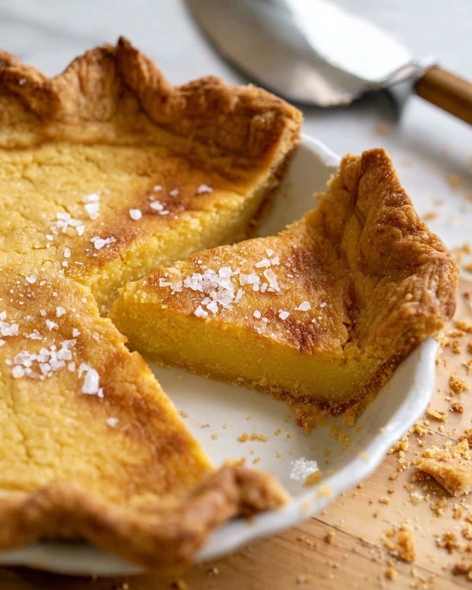 A close-up view of a pie with a flaky, golden brown crust that curls upward around the edges, forming a thick, textured border. Inside, a smooth, dense yellow filling covers the base, scattered with coarse white sea salt flakes. One slice is slightly pulled out, showing a clean cut edge and the firm, moist texture of the filling contrasting with the crisp crust. The pie rests in a white dish, placed on a white marbled surface, with brown crumb bits scattered nearby and a metal pie server blurred in the background. Photo taken with an iphone --ar 4:5 --v 7