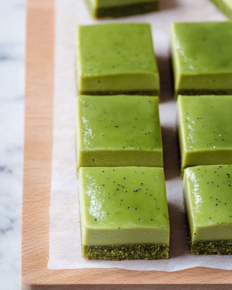 The image shows six square pieces of a green dessert arranged in two rows on a piece of white parchment paper over a light wooden board with a white marbled texture background. Each piece has a smooth, glossy green top layer with a few tiny black specks and slightly crumbly edges, revealing a darker green or brown bottom layer beneath the shiny surface. The top layer looks thick and creamy, while the bottom seems dense and firm. Part of another piece is visible at the top edge of the image, slightly out of focus. photo taken with an iphone --ar 4:5 --v 7