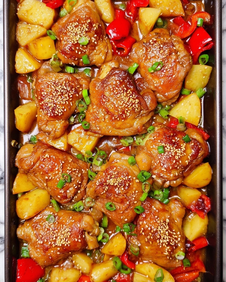 The image shows a tray filled with cooked chicken thighs, each piece golden brown and sprinkled with sesame seeds on top. The chicken pieces sit on a mix of colorful vegetables, including chunky yellow potatoes, red and yellow bell peppers cut into medium-sized pieces, and small slices of green onion scattered throughout. The dish is covered with a glossy sauce, giving it a shiny and moist look. The colors of the chicken and vegetables contrast well, making the dish look savory and fresh. The background is a white marbled texture. photo taken with an iphone --ar 4:5 --v 7
