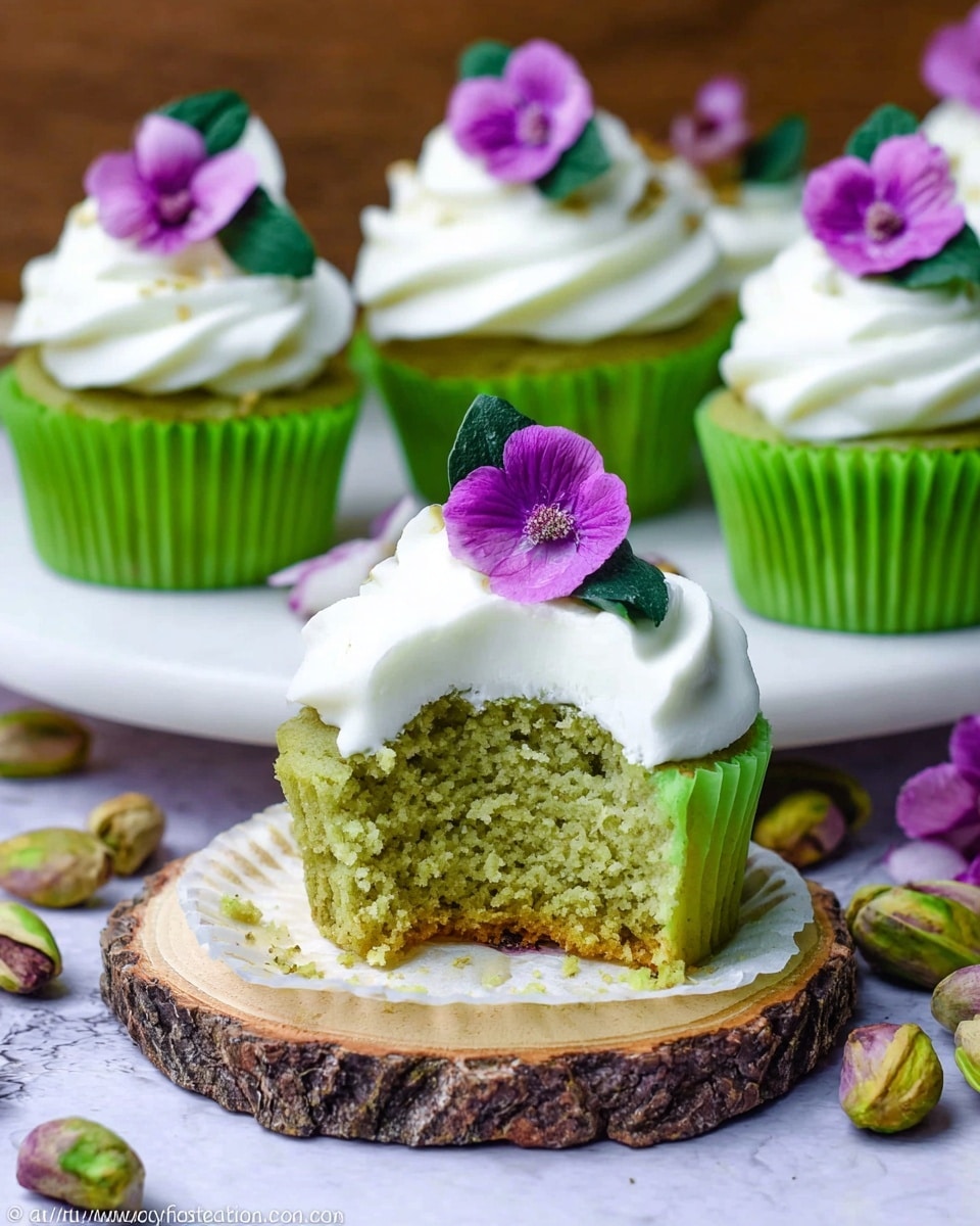 The image shows green pistachio cupcakes wrapped in bright green liners, each topped with a thick swirl of smooth white frosting. Each cupcake features a small, vibrant purple flower with green leaves placed on the top of the frosting. One cupcake in the front has a bite taken out of it, revealing the moist green crumb inside. The cupcakes are placed on a round white plate that has a bark-like edge detail, all set on a white marbled surface. Scattered around the plate are pistachio nuts and purple flower petals. photo taken with an iphone --ar 4:5 --v 7