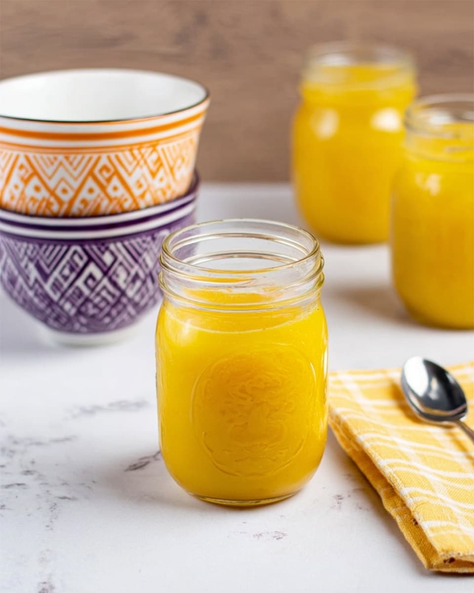 A clear glass mason jar filled with bright yellow chunky sauce sits in the center on a white marbled surface. To the left, there is a stack of three white bowls with orange and purple patterns. To the right, a white bowl with a purple pattern is placed on a folded yellow and white checkered cloth with a small silver spoon beside it. In the far back right, another mason jar filled with similar yellow chunky sauce is partially visible. Photo taken with an iphone --ar 4:5 --v 7