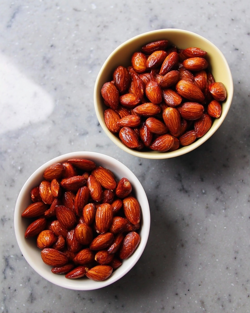 Two small white bowls are filled with roasted almonds that have a shiny, reddish-brown skin. Each bowl is about three-quarters full, showing the smooth and slightly oily texture of the nuts. The bowls are placed on a white marbled surface, with one positioned slightly behind and to the left of the other, creating a casual and simple arrangement. photo taken with an iphone --ar 4:5 --v 7