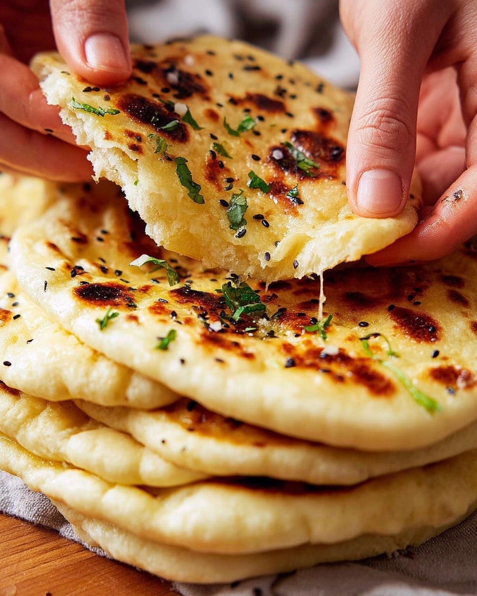 A close-up image shows a stack of soft, golden naan breads with light brown spots from cooking. Each naan is sprinkled with small black seeds and bits of fresh green herbs on the surface. The naan on top is being torn by a pair of woman’s hands, showing its chewy, fluffy inside with a slightly oily, glossy texture. The white marbled texture underneath adds a clean contrast to the warm tones of the bread. photo taken with an iphone --ar 4:5 --v 7
