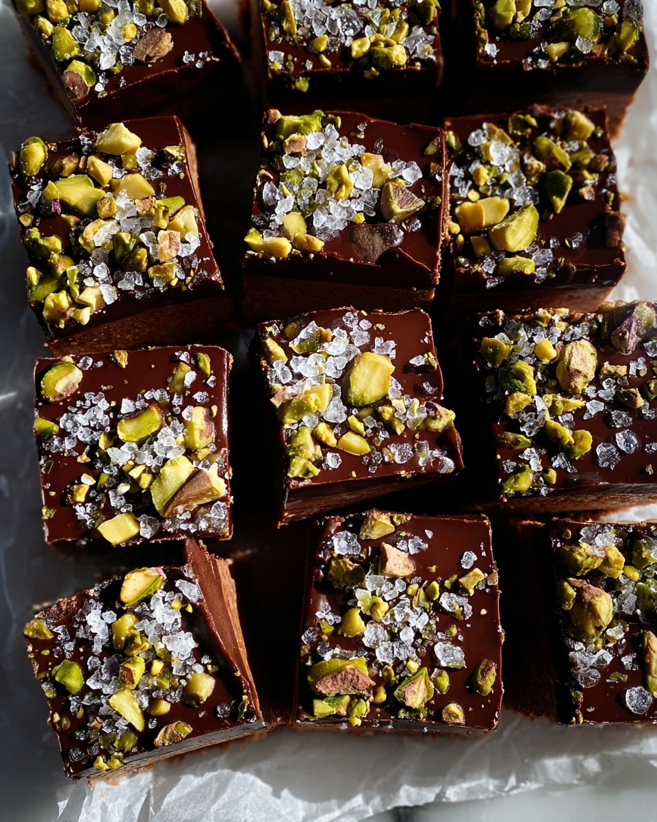 The image shows a close-up of multiple square chocolate treats in three layers: a bottom layer of light brown base, a thick middle layer of smooth, glossy dark chocolate, and a top layer covered with chopped green pistachios and scattered shiny white sea salt flakes, giving a textured look. The squares are tightly packed and have a glossy finish that reflects light. The treats rest on white parchment paper over a white marbled surface. photo taken with an iphone --ar 4:5 --v 7