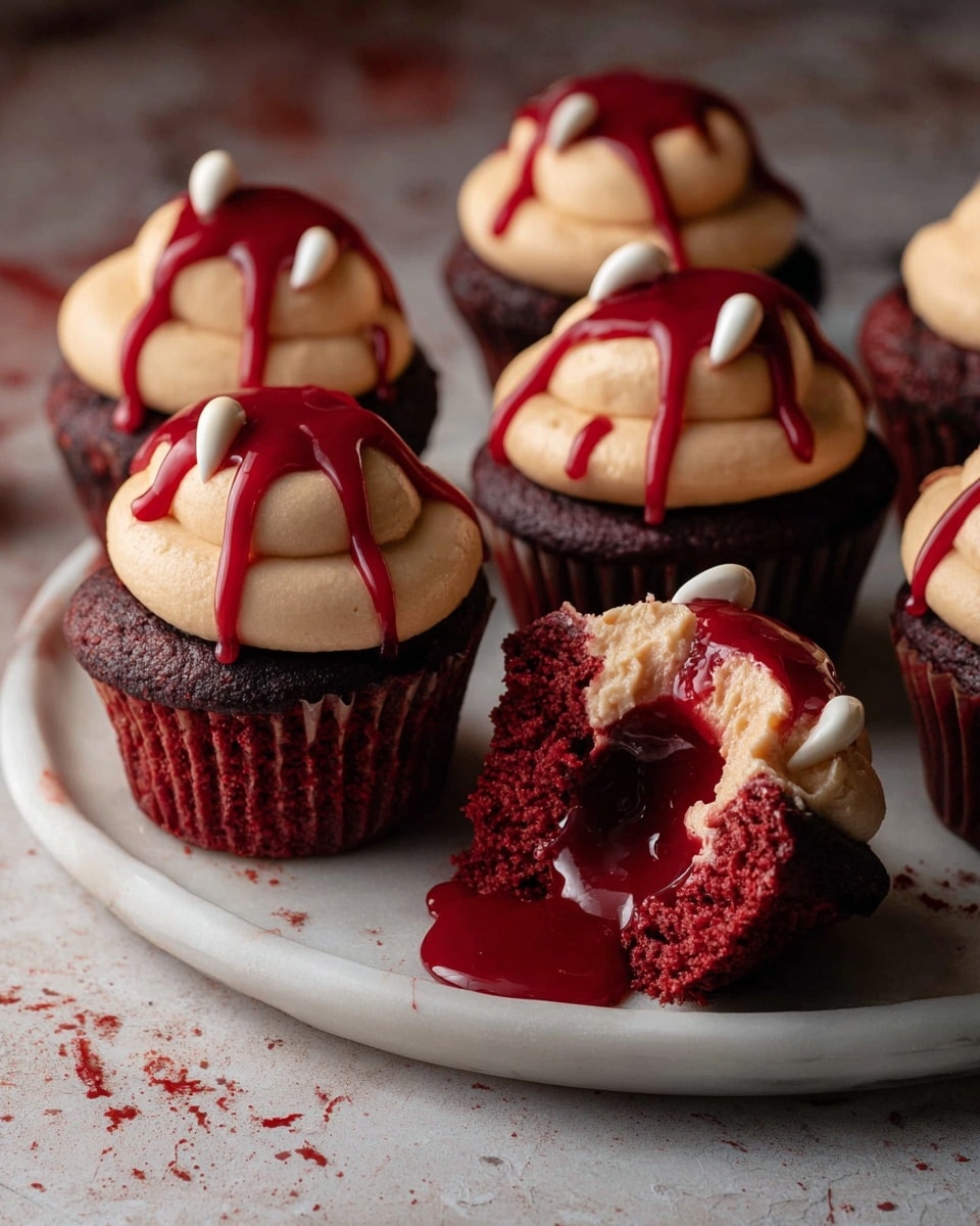 The image shows a rich red cupcake with three main layers: a deep red cake base with a moist texture, topped with a thick white cream layer that is smooth and fluffy, and finished with a bright red syrup dripping down the sides and pooling at the bottom, creating a glossy contrast. The cupcake is partially unwrapped with a red liner peeled back, revealing the dense interior. In the background, there are two more cupcakes with similar layers, all placed on a white marbled surface, giving a clean and elegant look. photo taken with an iphone --ar 4:5 --v 7