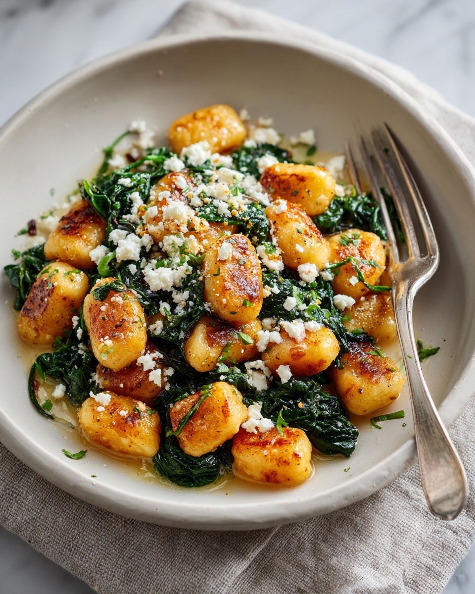 The dish shows a deep white bowl filled with golden brown pan-fried gnocchi that have a crispy outside and soft inside. Mixed with the gnocchi are dark green wilted spinach leaves, and the top is sprinkled with white crumbles of soft cheese, adding texture and creaminess. The gnocchi and spinach sit in a light, glossy sauce that glistens slightly, making the dish look fresh and warm. A silver fork rests on the right side inside the bowl, and the bowl is set on a light-colored cloth over a white marbled surface. photo taken with an iphone --ar 4:5 --v 7