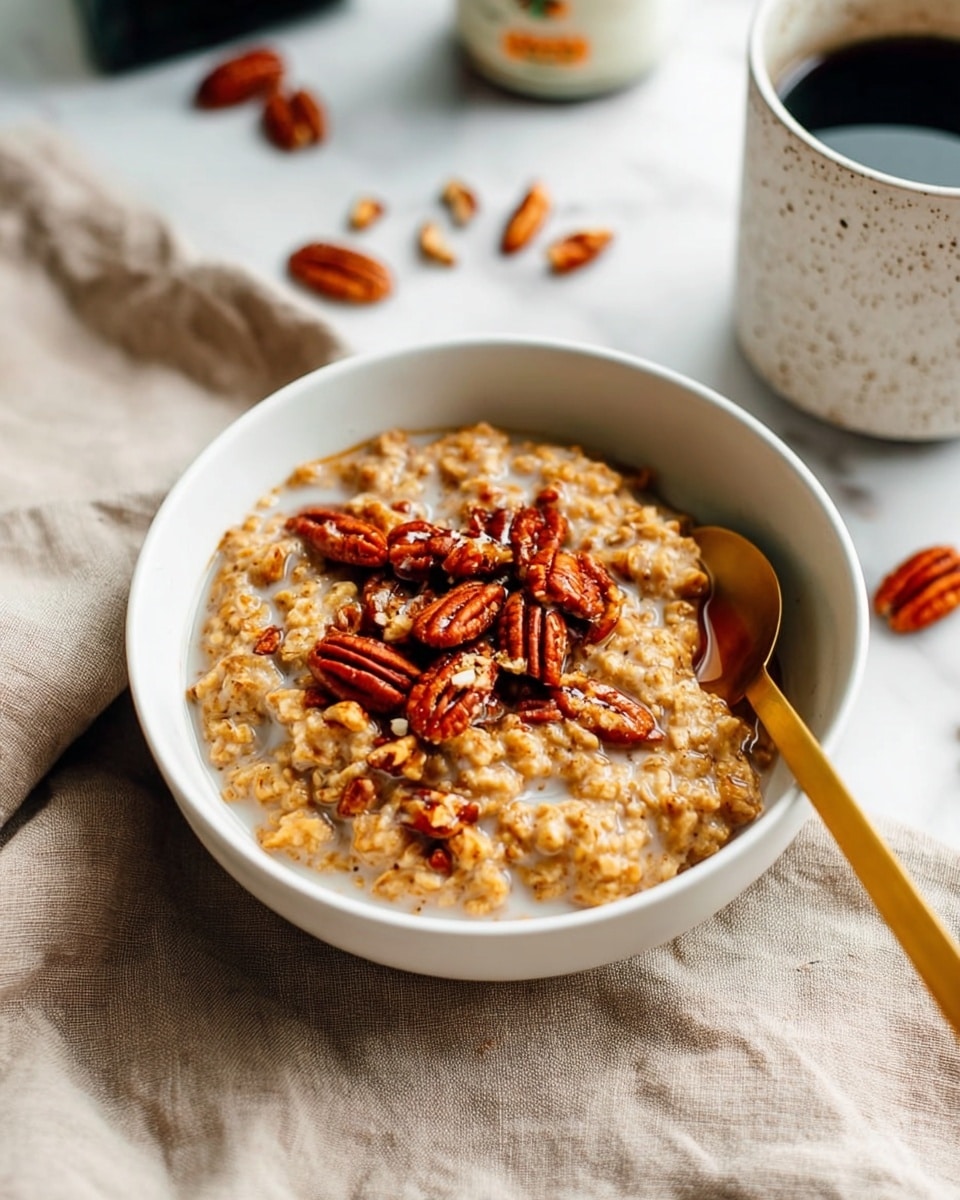 A white bowl filled with orange-brown oatmeal mixed with milk, topped with whole pecans scattered evenly on the surface, with a gold spoon resting inside the bowl on the left side. The bowl is placed on a light textured cloth, with additional pecans scattered around it. To the upper right of the bowl is a white speckled ceramic mug filled with black coffee. The scene is set on a white marbled texture. photo taken with an iphone --ar 4:5 --v 7