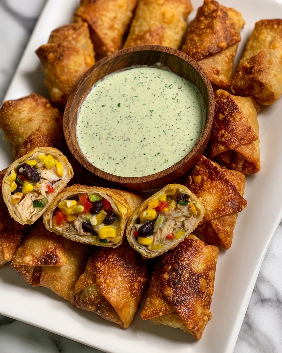 A white rectangular plate holds several golden-brown crispy egg rolls arranged around a small round wooden bowl filled with a thick, pale green creamy dip. The egg rolls show layers of thin, crispy outer shell with a mix of colorful fillings inside, including black beans, yellow corn, and bits of red and green vegetables. Some egg rolls are whole, while others are cut in half to display the filling. The plate sits on a white marbled surface, giving a clean and bright background to the dish. photo taken with an iphone --ar 4:5 --v 7