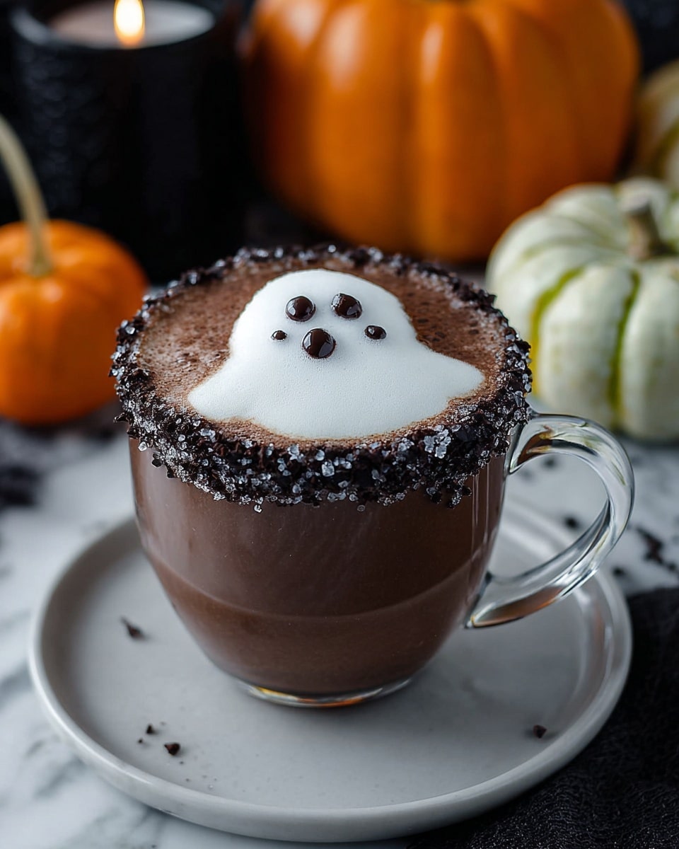 A clear glass mug filled with dark brown hot chocolate topped with white milk foam shaped like a ghost with two small brown eyes and a mouth, the rim of the mug is covered with crushed dark chocolate and sugar pieces, the mug is placed on a white plate on a white marbled surface with an out-of-focus black candle and two small pumpkins, one orange and one greenish-white, in the background, photo taken with an iphone --ar 4:5 --v 7