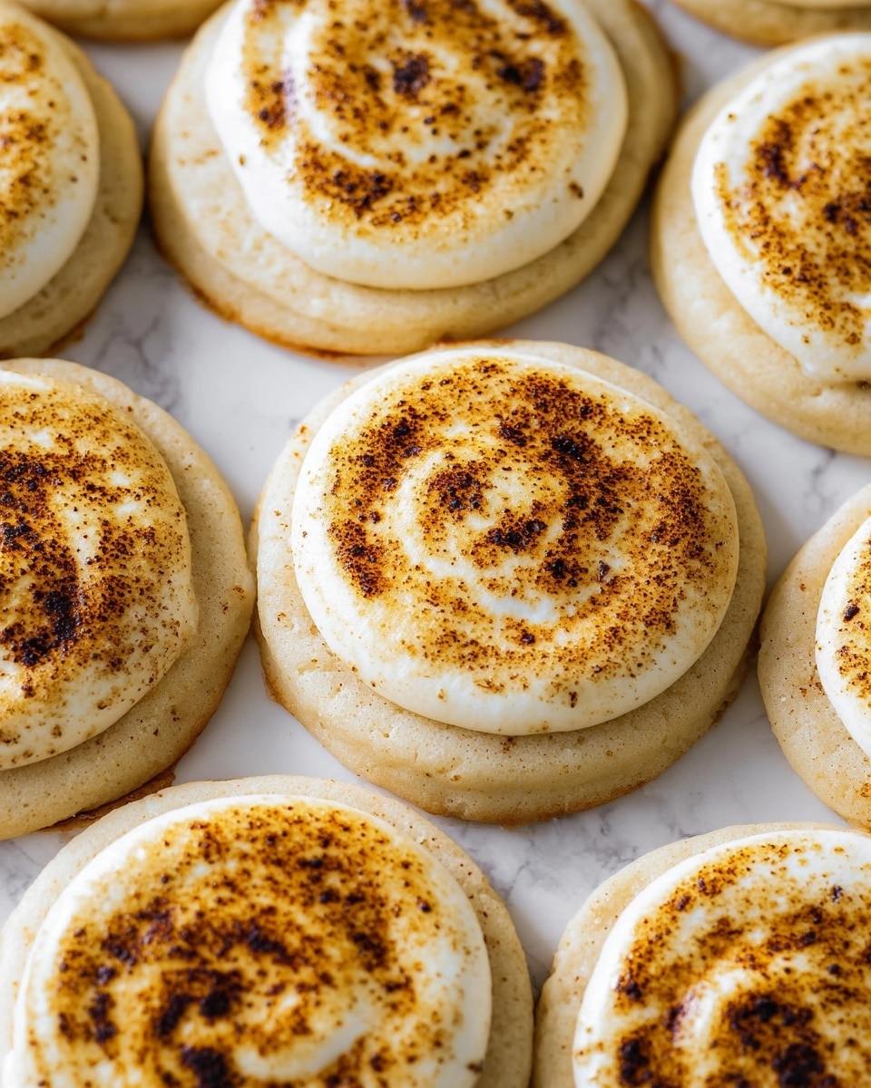 A close-up view of several round cookies arranged closely together on a white marbled surface. Each cookie has two layers: the bottom layer is a thick, soft, pale beige cookie base, while the top layer is a slightly smaller circle of creamy white frosting with a toasted, caramelized surface showing dark golden and brown spots in a swirled pattern. The toasted effect gives the frosting a lightly speckled texture, adding a warm contrast to the smooth base. The cookies look soft and fresh, filling the frame with a neat, repeating pattern. photo taken with an iphone --ar 4:5 --v 7