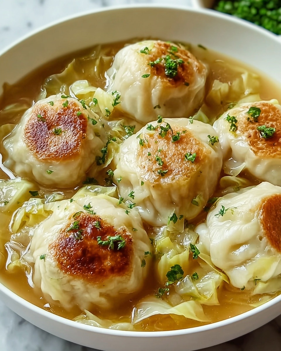 A close-up view of a white bowl filled with seven cooked dumplings floating in a light brown broth. The dumplings have a soft, shiny texture with some browned, slightly crispy tops. They are topped with small green herb pieces scattered around. The broth contains light yellow-green cooked cabbage pieces visible around the dumplings. The dish sits on a white marbled surface. Photo taken with an iphone --ar 4:5 --v 7