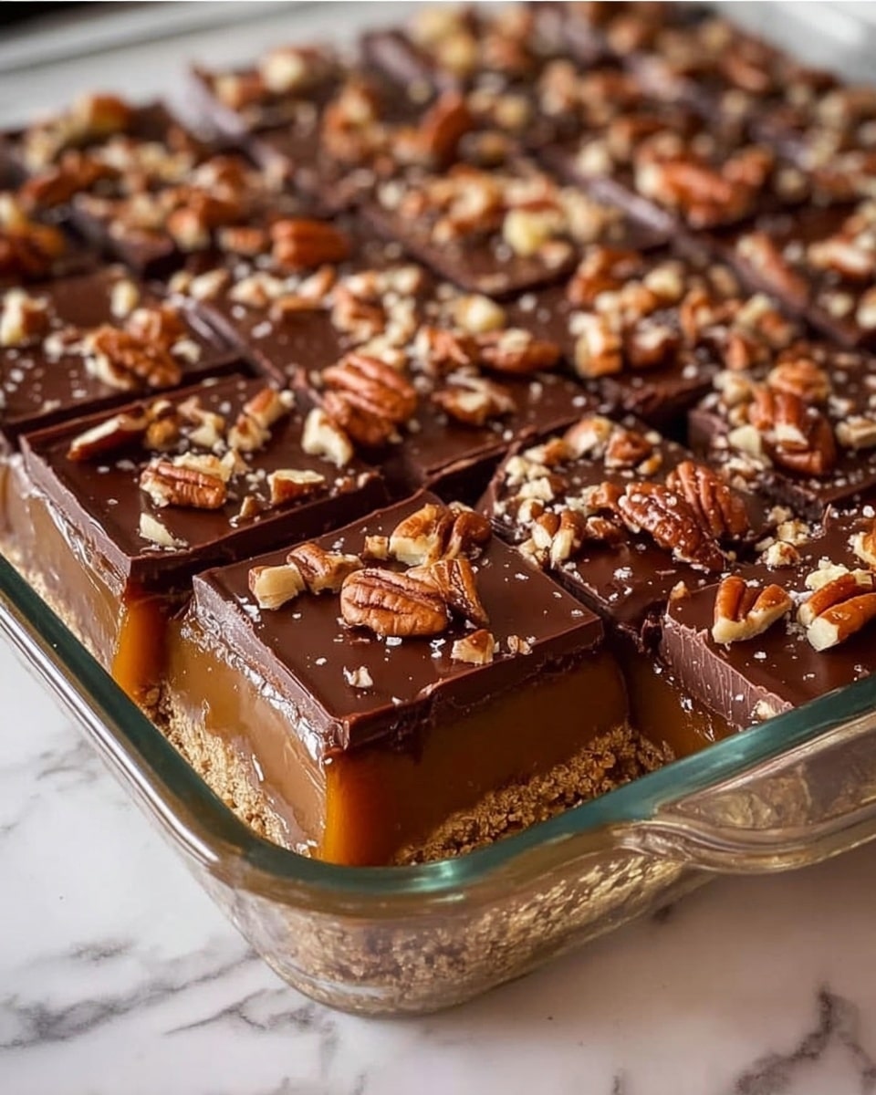 The image shows a glass baking dish filled with a dessert bar cut into square pieces. The bottom layer is golden caramel with a smooth yet slightly thick texture, topped by a crumbly light brown crust that looks dense and grainy. Above the crust is a rich dark brown chocolate layer, glossy and slightly melted, broken into pieces that cover the entire dessert. Scattered unevenly across the chocolate are small chunks of chopped pecans, adding a textured, crunchy look with a warm tan and reddish-brown color. The dish is placed on a surface with a white marbled texture. Photo taken with an iphone --ar 4:5 --v 7