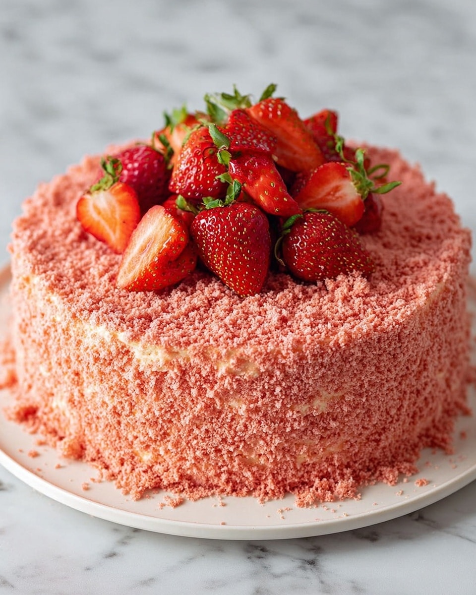 A round cake covered fully with a thick layer of fine pink crumbs that spill over onto a white plate below; on top of the cake, there is a cluster of fresh whole and sliced red strawberries with green leaves, arranged in the center creating a colorful and textured crown; the cake layers inside are not visible, but the crumb coating suggests softness beneath, all set on a white marbled surface. Photo taken with an iphone --ar 4:5 --v 7
