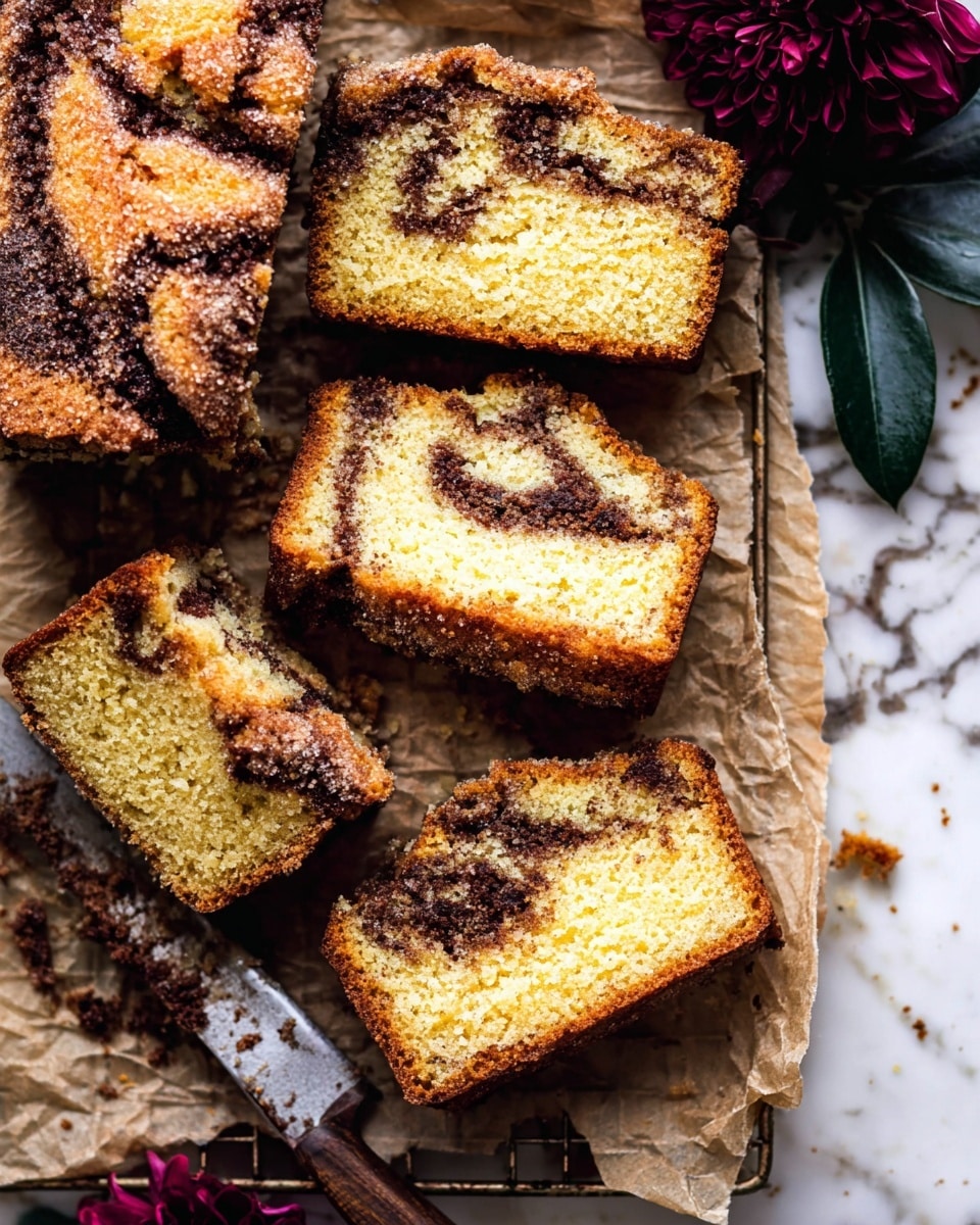 The image shows several slices of a golden brown cinnamon swirl cake with a slightly crumbly, dark cinnamon layer running through the middle of each slice. The cake slices have a moist and soft texture, with a darker crust on the edges. They are placed on crinkled parchment paper on top of a cooling rack. There are some scattered crumbs around the slices and one knife with a wooden handle partially under a slice. A deep burgundy flower and some dark green leaves sit next to the cake slices, set against a white marbled surface. photo taken with an iphone --ar 4:5 --v 7