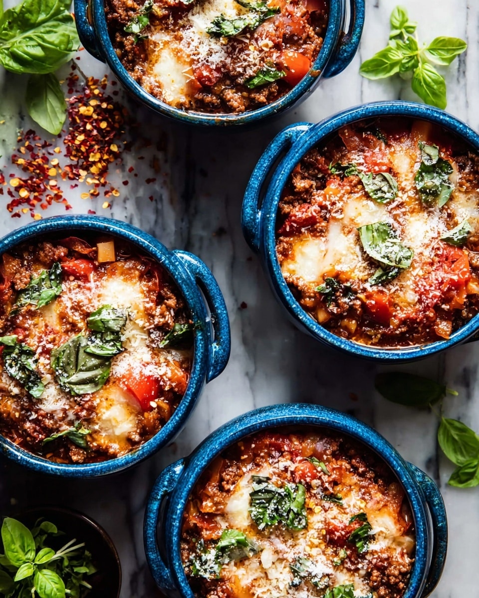 This image shows a close-up of a blue small pot filled with a colorful baked dish. It has about three layers: the bottom layer looks like cooked ground meat with a brown color and crumbly texture, the middle layer has red chunks of bell pepper and some white pieces of onion, and the top layer is melted orange cheese with strings of cheese being lifted by a silver fork. The dish is garnished with small green leaves, possibly spinach or basil, and some grated white cheese sprinkled on top. The pot sits on a brown tabletop with a slightly worn look, and there are a few green leaves in the foreground. Photo taken with an iphone --ar 4:5 --v 7
