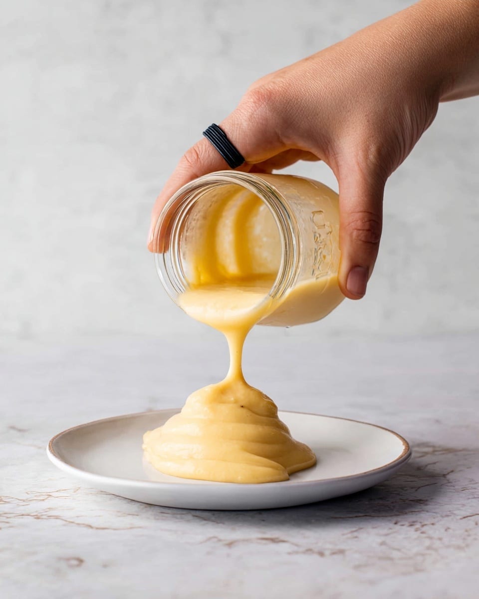 A close-up image showing a woman's hand pouring thick, smooth, pale yellow sauce from a clear glass jar onto a white plate. The sauce flows in a soft pile with a creamy texture and a glossy sheen. The background and surface are a white marbled texture, giving a clean and bright look to the scene. The woman's hand wears a black ring, and the jar is tilted above the plate to capture the flowing movement of the sauce. photo taken with an iphone --ar 4:5 --v 7