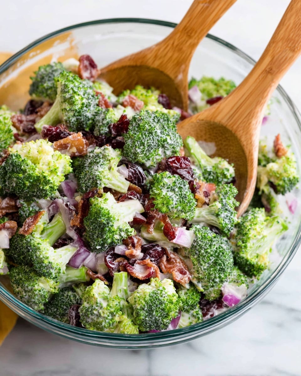 A clear glass bowl filled with a colorful broccoli salad sits on a white marbled surface. The salad has three main layers: bright green broccoli florets with a slightly bumpy texture on the top, bits of crispy brown bacon and small pieces of deep red dried cranberries mixed throughout the middle, and small chunks of pale purple onion scattered evenly. A light creamy white dressing coats the broccoli and other ingredients, giving a slight shine. Two wooden spoons, natural brown with smooth texture, are inserted into the bowl from the top, angled toward each other. Photo taken with an iphone --ar 4:5 --v 7